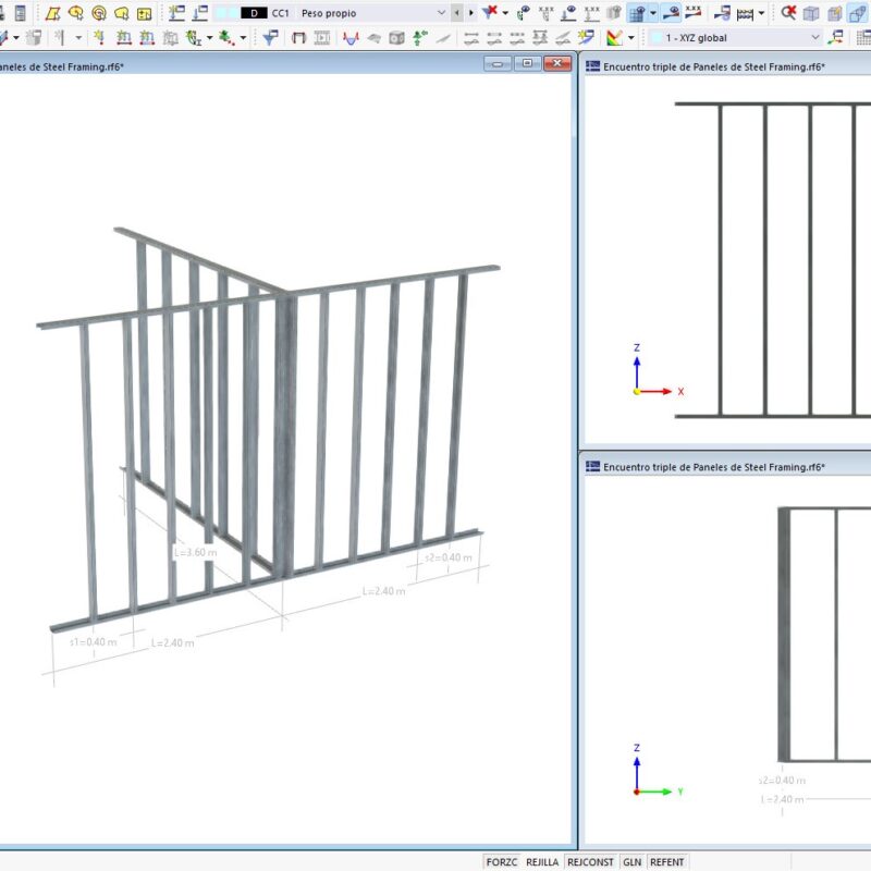 Encuentro triple de paneles Steel Frame con sección armada de montantes PGC (RSECTION) incluida – Realizado con RFEM 6.03.03
