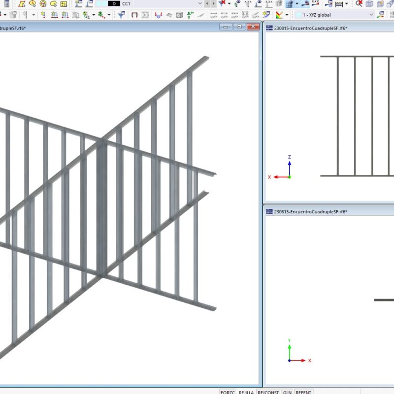 Encuentro cuádruple de paneles Steel Frame con sección armada de montantes PGC (RSECTION) incluida – Realizado con RFEM 6.03.03
