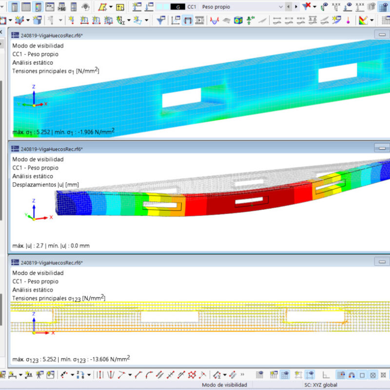 Viga de hormigón con huecos rectangulares con separación uniforme – Realizado con RFEM 6.07.0007