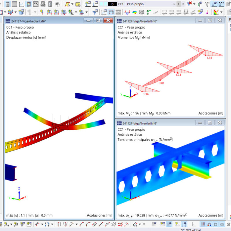 Viga alveolar con viga perpendicular con contacto modelado – Realizado con RFEM 6.08.0008
