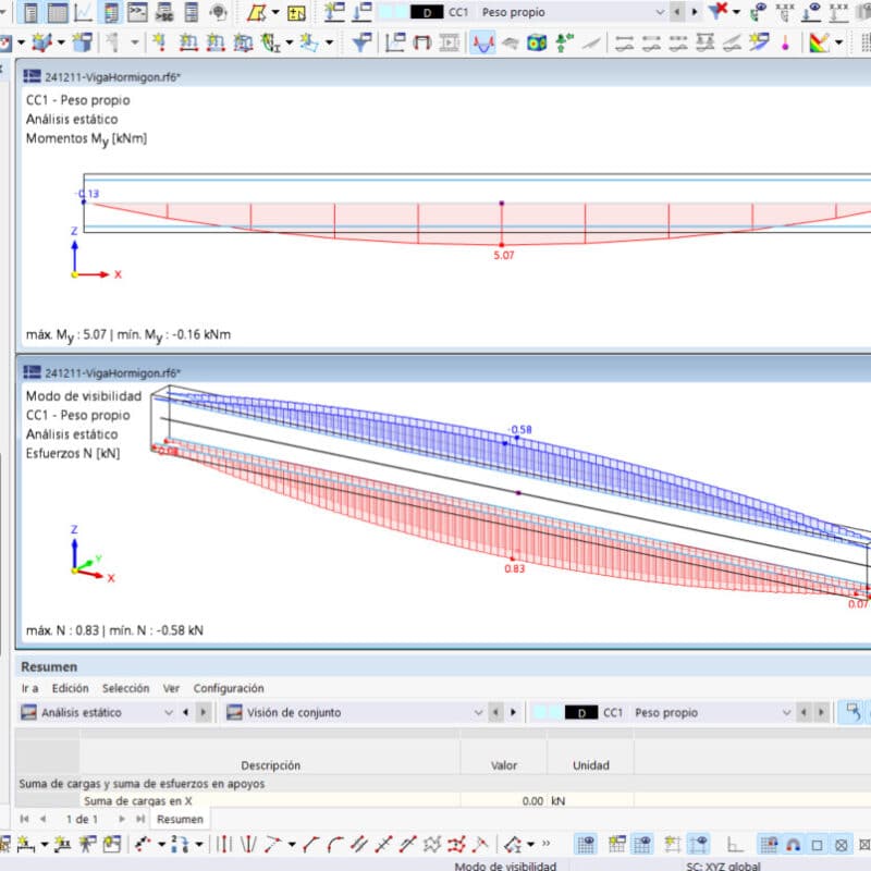 Viga de hormigón con armadura longitudinal integrada para análisis conjunto hormigón - armadura – Realizado con RFEM 6.08.0010