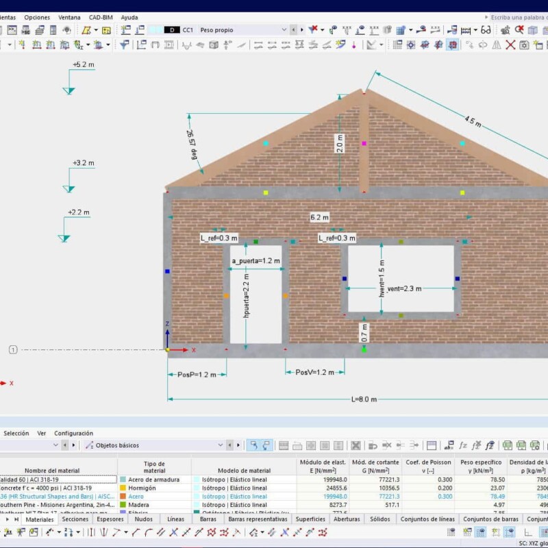 Muro de vivienda de mampostería, hormigón y madera – Realizado con RFEM 6.11.0002