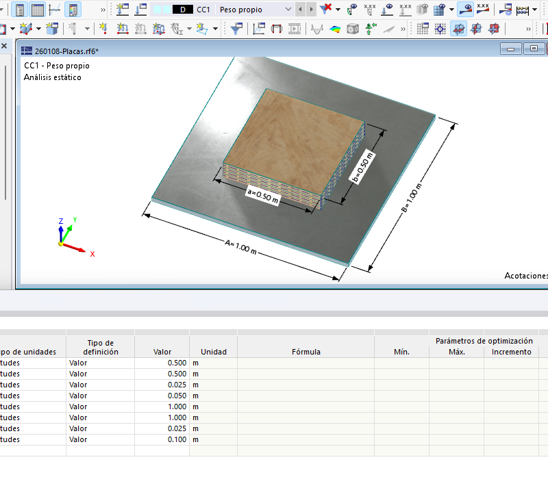 Varias placas en paralelo con diferentes tamaños. Unas sobre otras – Realizado con RFEM 6.13.0005