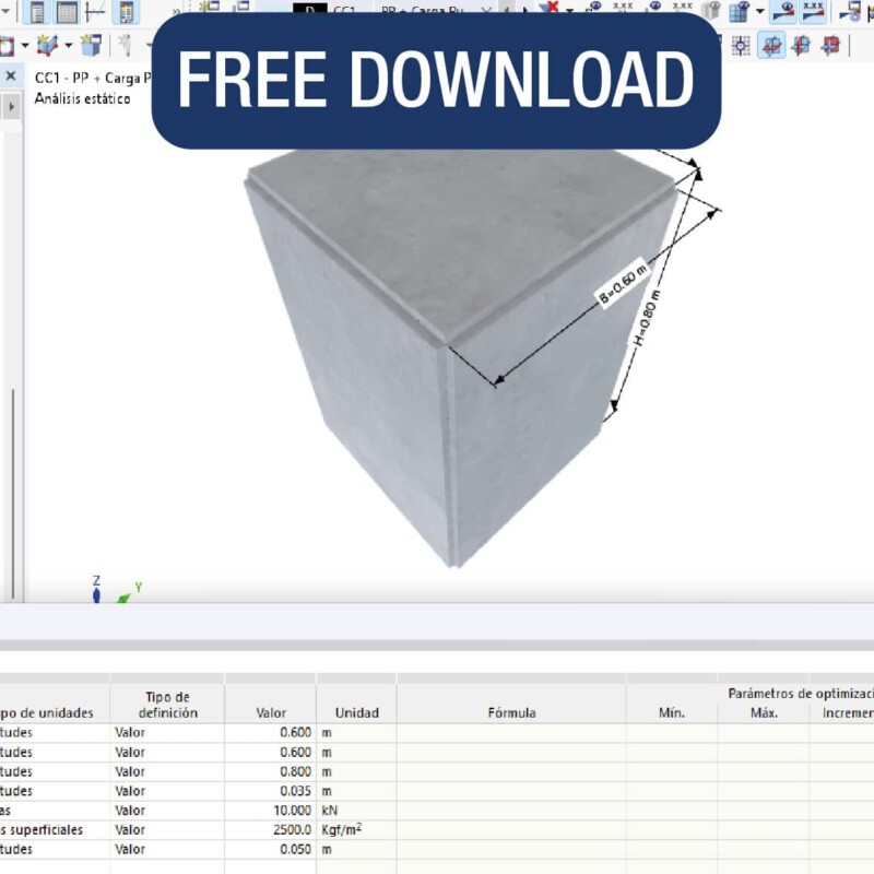 Cámara prismática recta de concreto/hormigón. Con cargas paramétricas y "refinamiento" de malla de elementos finitos paramétrico – Realizado con RFEM 6.13.0005