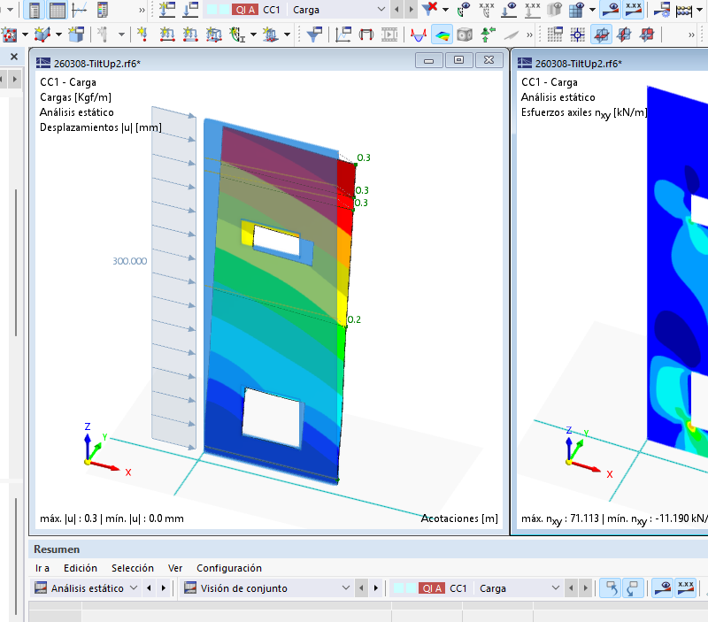 Muro de hormigón/concreto para Naves Tilt-Up con un hueco superior y uno inferior. Paramétricos – Realizado con RFEM 6.13.0009